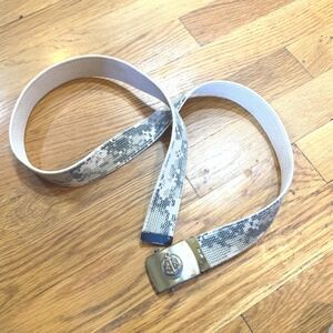 Merit Vintage Web Belt Solid Brass Anchor Buckle Made in USA Grey Camo Canvas